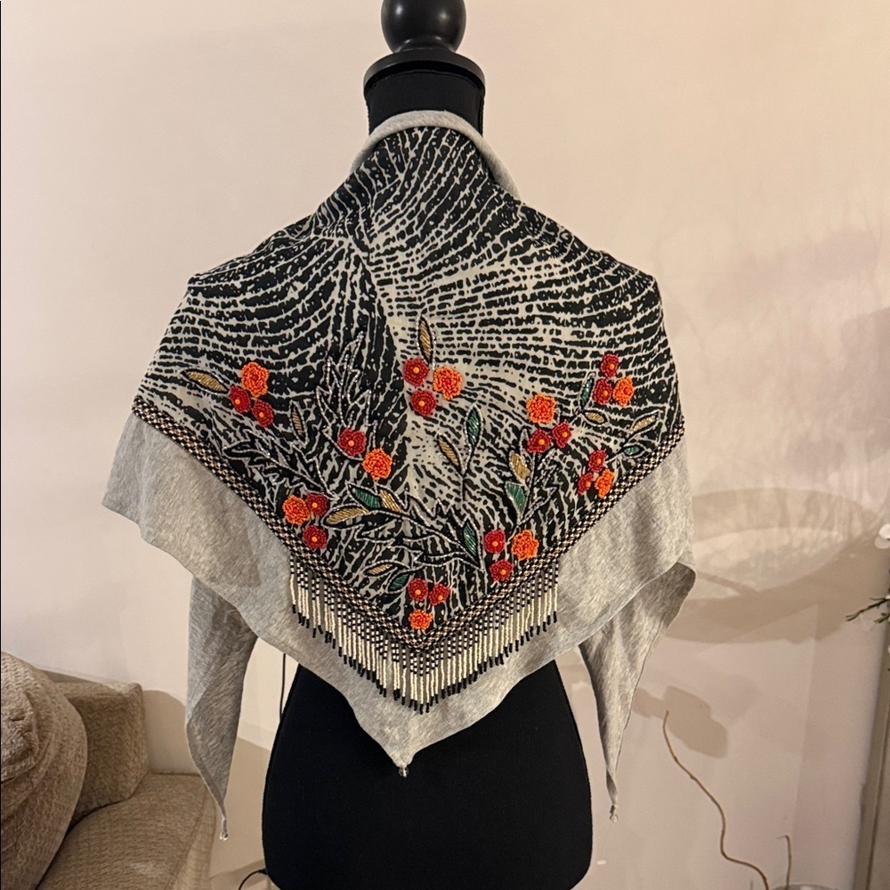 Lotus Embroidered Black and Gray Scarf with Red Floral Design